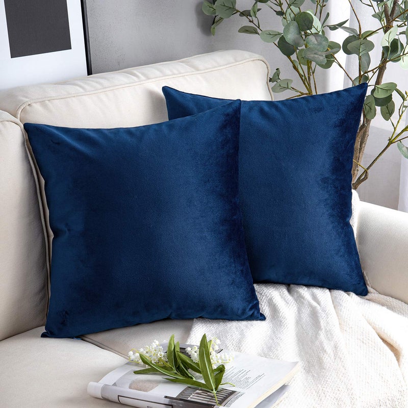 Phantoscope Pack of 2 Velvet Decorative Throw Pillow Covers Soft Solid Square Cushion Case for Couch Navy Blue 18 x 18 inches 45 x 45 cm - Image 1